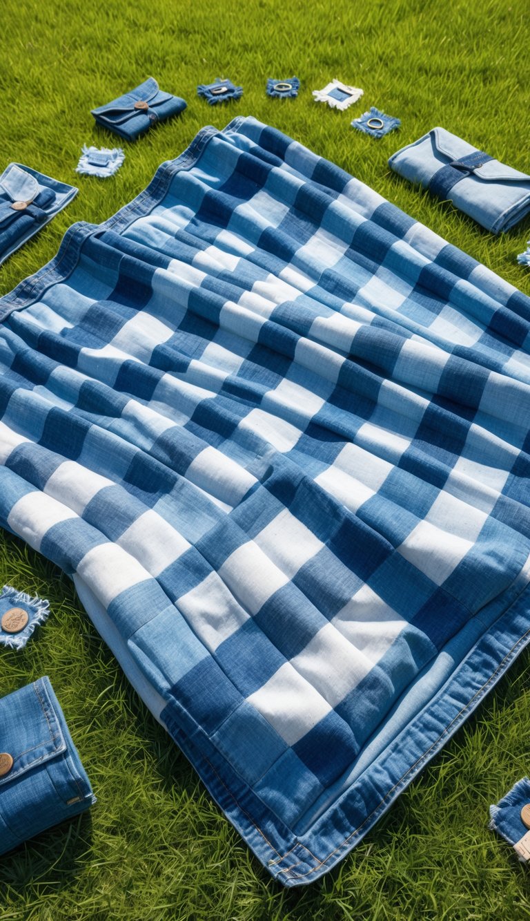 A blue jean checkered picnic blanket spread on green grass with small denim craft items arranged around it.